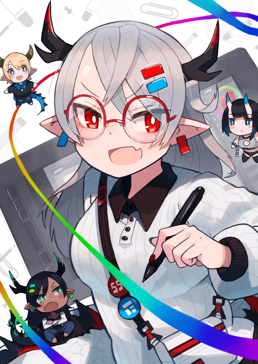 4girls absurdres bright_pupils chibi collared_shirt drawing_tablet earclip glasses grey_hair highres holding holding_stylus horns houryuzi_sui katsu_(katsupainter) long_hair long_sleeves multiple_girls open_mouth original pointy_ears red_eyes round_eyewear sarusawa_ikue shirt solo stylus upper_body white_pupils