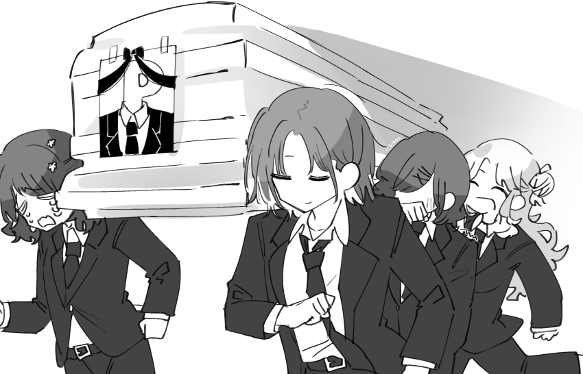 4girls artist_request asakura_toru assisted_carrying belt black_hair black_necktie black_suit carrying closed_eyes coffin commentary_request crying dancing_pallbearers_(meme) formal_clothes fukumaru_koito greyscale hair_bun hair_ornament hairclip highres higuchi_madoka ichikawa_hinana idolmaster idolmaster_shiny_colors laughing long_hair loose_necktie meme monochrome multiple_girls necktie noctchill_(idolmaster) p-head_producer producer_(idolmaster) short_hair single_hair_bun single_side_bun smile suit white_background