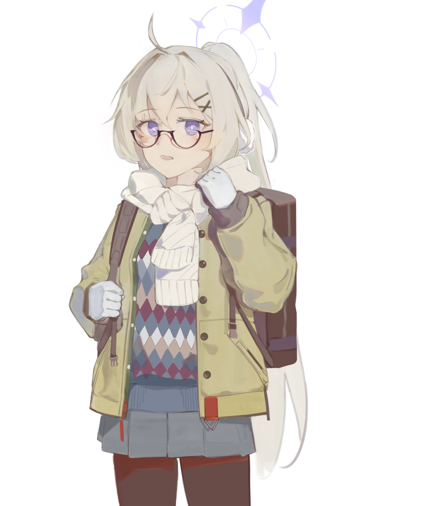 1girl absurdres ahoge argyle_clothes argyle_sweater backpack bag black-framed_eyewear black_bag black_pantyhose blonde_hair blue_archive brown_sweater caat106 cowboy_shot glasses gloves grey_skirt grey_sweater halo hands_up highres holding_strap jacket kotama_(blue_archive) kotama_(camp)_(blue_archive) long_hair looking_at_viewer miniskirt multicolored_sweater official_alternate_costume open_clothes open_jacket open_mouth pantyhose pleated_skirt ponytail purple_eyes purple_halo scarf semi-rimless_eyewear simple_background skirt solo sweater under-rim_eyewear very_long_hair white_background white_gloves white_scarf yellow_jacket