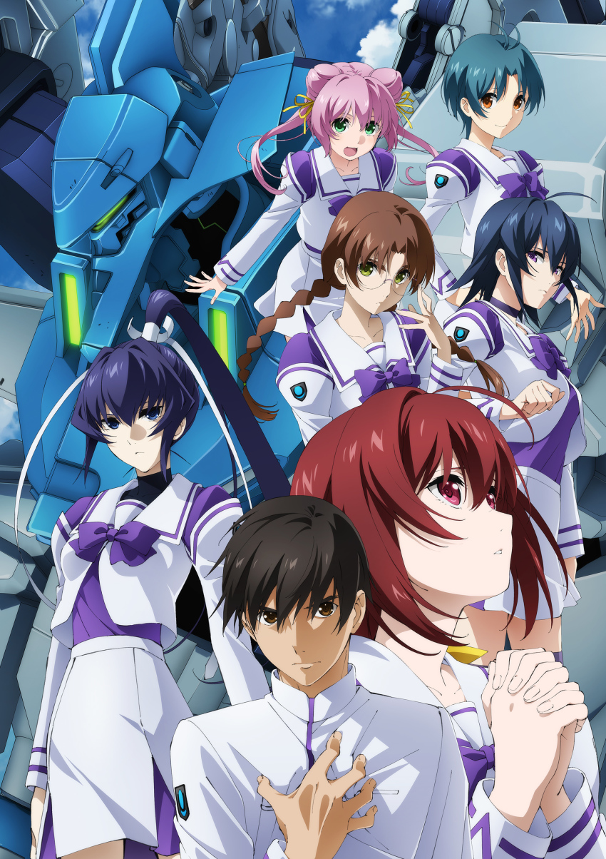 1boy 6+girls absurdres ayamine_kei blue_eyes blue_hair bow breasts brown_eyes double_bun flat_chest green_eyes hair_behind_ear hair_between_eyes hair_bun hand_on_own_chest highres jacket kagami_sumika key_visual long_hair looking_at_viewer looking_up mecha medium_breasts mitsurugi_meiya multiple_girls muv-luv muv-luv_alternative muv-luv_alternative_(anime) official_art own_hands_clasped own_hands_together ponytail promotional_art purple_bow red_eyes robot round_eyewear sakaki_chizuru school_uniform science_fiction shirogane_takeru short_hair skirt tamase_miki type_97_fubuki visor white_jacket white_skirt yoroi_mikoto