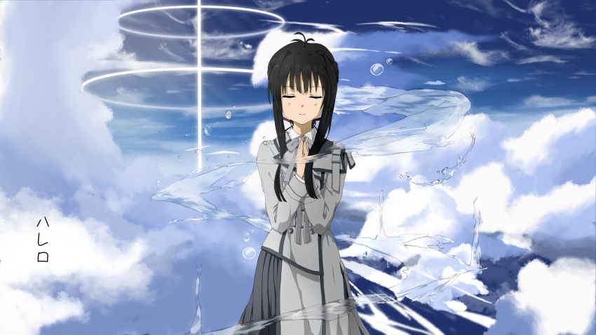 1girl 22/7 absurdres antenna_hair belt black_hair bow bowtie closed_eyes closed_mouth cloud cloudy_sky collared_shirt cowboy_shot dress grey_belt grey_bow grey_bowtie grey_dress highres kamisama_datte_kimerarenai long_hair morinomiya_ruri shirt sidelocks sky solo song_name white_shirt yagami_toa