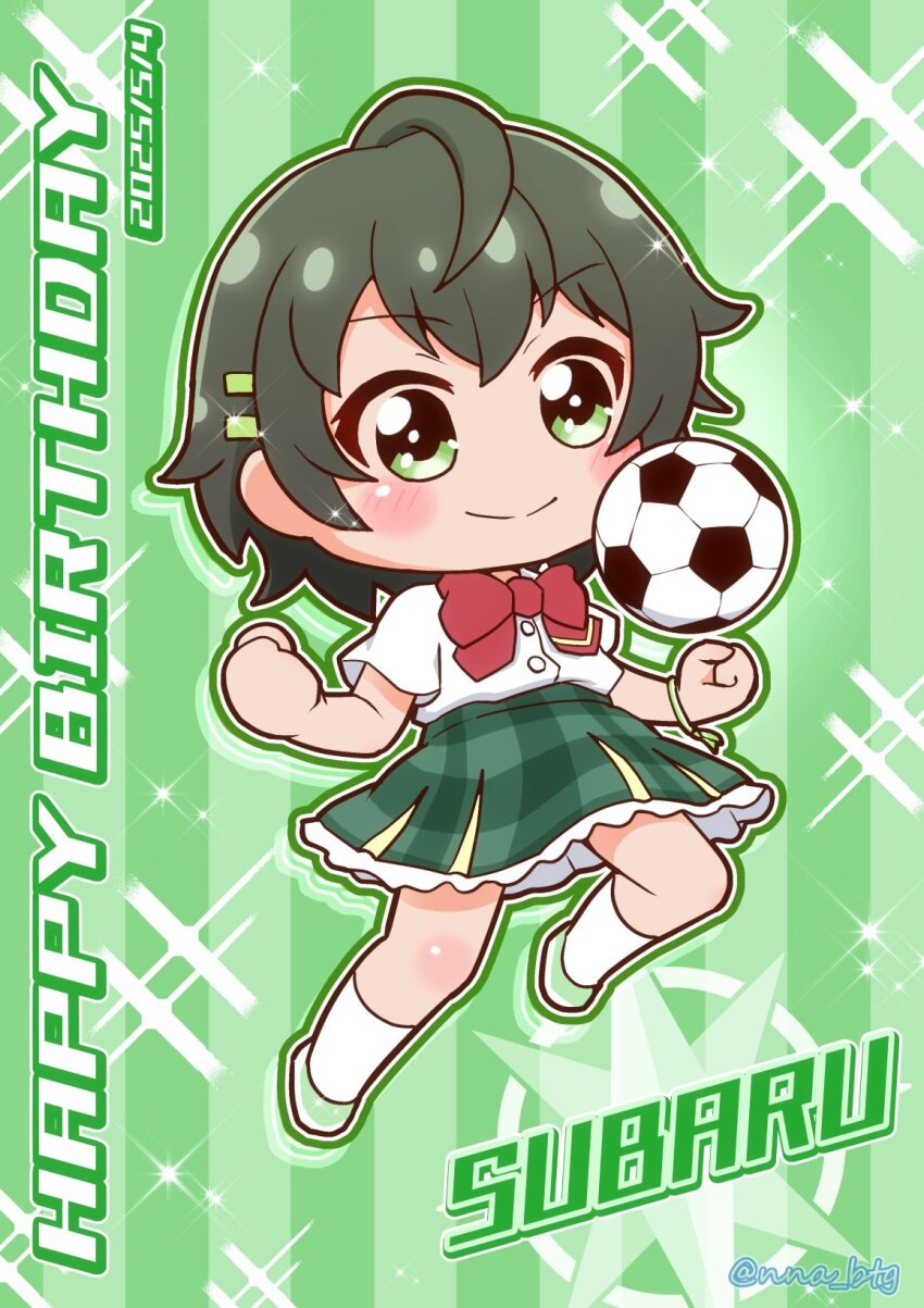 1girl ball battle_girl_high_school bow character_name chibi chibi_only clenched_hands closed_mouth dated green_background green_eyes green_hair hair_ornament hairclip happy_birthday highres kicking looking_ahead nna_btg red_bow school_uniform shirt short_hair smile soccer_ball socks solo striped_background wakaba_subaru white_shirt white_socks