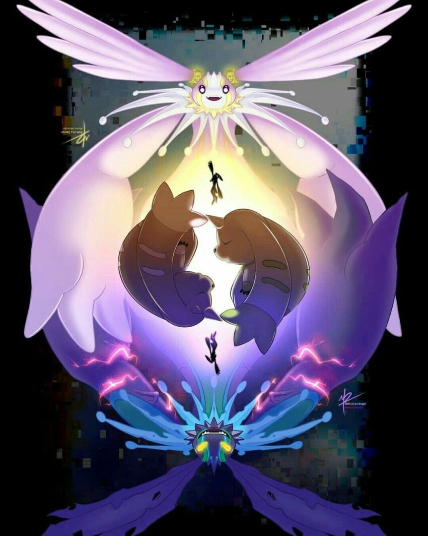 andiramon andiramon_(deva) angel cherubimon cherubimon_(vice) cherubimon_(virtue) digimon digimon_(creature) fallen_angel highres holy_ring horns looking_to_the_side lopmon terriermon yellow_eyes