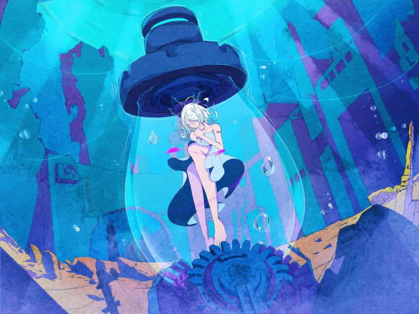 1girl absurdres air_bubble aqua_theme barcode barcode_tattoo bare_arms bare_shoulders barefoot blue_dress bubble closed_eyes closed_mouth dress electricity fetal_position floating_hair full_body gears hands_on_own_chest highres ichika_nito in_container light_bulb medium_hair noka_works one_eye_covered original own_hands_together scenery solo strapless strapless_dress tattoo underwater white_dress white_hair