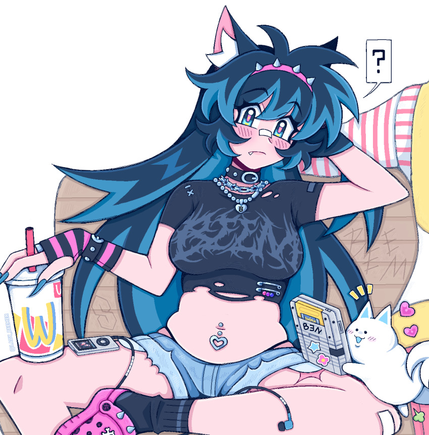 1girl ? animal_ears arm_behind_head bandaid bandaid_on_face bandaid_on_nose belly bench black_collar black_shirt black_socks blue_eyes blue_hair breasts cat collar commentary crocs crop_top cropped_shirt digital_media_player dog_ears dog_girl dog_tail earphones fang fingernails game_boy gloves hairband handheld_game_console highres indie_virtual_youtuber ipod_nano ipod_nano_4g jewelry lady_beemer lady_beemer_(vtuber) large_breasts midriff navel navel_piercing necklace piercing scar scar_on_leg sharp_fingernails shirt short_shorts shorts sitting socks solo spiked_hairband spikes spoken_question_mark striped_clothes striped_gloves t-shirt tail torn_clothes torn_shirt virtual_youtuber wcdonald&#039;s