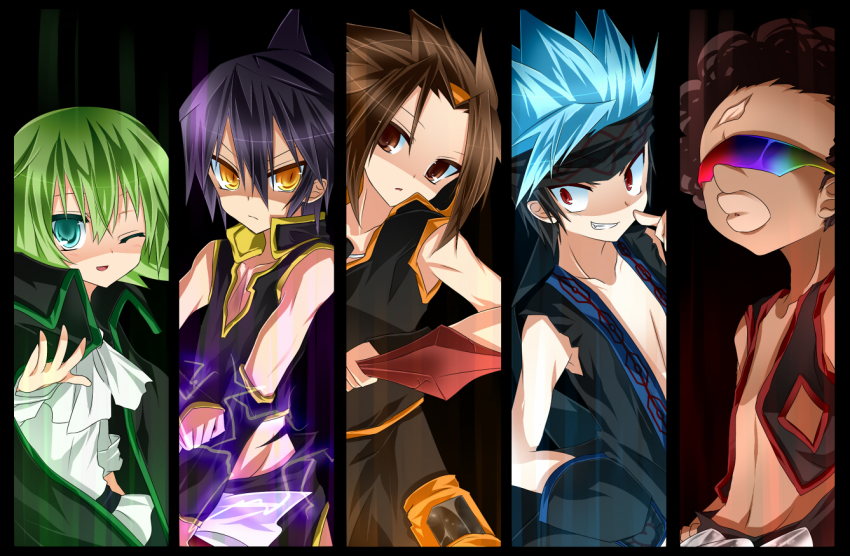 5boys afro asakura_yoh bad_id bad_pixiv_id bandana black_hair blue_hair brown_eyes brown_hair cape chinese_clothes chocolove_mcdonell column_lineup dark_skin green_eyes green_hair grin hairband headphones jewelry looking_at_viewer lyserg_diethel male_focus multiple_boys nemokochi one_eye_closed open_mouth purple_hair red_eyes revision shaman_king short_hair smile sunglasses sword tao_ren teeth tetsu_tissue usui_horokeu weapon wink yellow_eyes