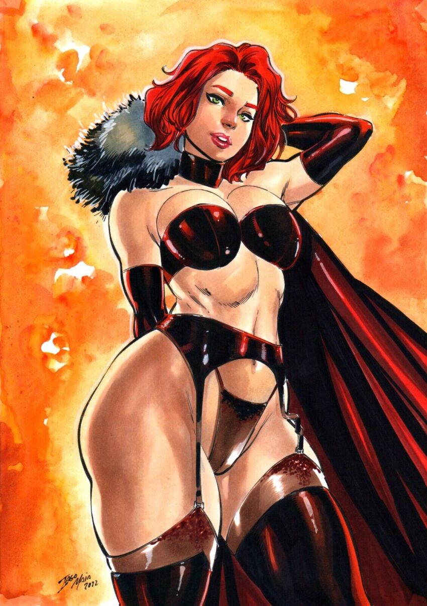 1girl artist_request ass black_cape black_panties breasts cape choker curvy garter_straps goblin_queen green_eyes highleg highleg_panties highres large_breasts leggings madelyne_pryor marvel navel panties red_hair revealing_clothes shiny_skin solo thong traditional_media underwear underwear_only wide_hips x-men