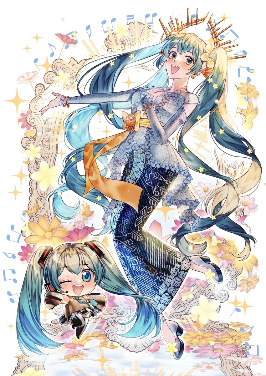 2girls :d black_footwear blouse blue_eyes blue_hair blue_necktie blue_skirt boots chibi commentary english_commentary flower grey_shirt hatsune_miku highres indonesia indonesian_clothes kebaya kriskris long_hair multiple_girls musical_note necktie one_eye_closed open_mouth orange_ribbon outstretched_arm ribbon shirt skirt smile sparkle thigh_boots twintails very_long_hair vocaloid white_background white_shirt