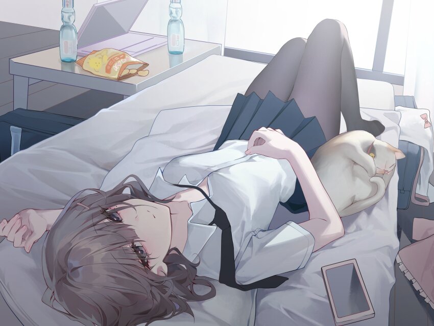 1girl artist_request bag_of_chips black_necktie black_pantyhose black_skirt breasts brown_eyes brown_hair cat closed_mouth commentary_request copyright_name copyright_request hair_ornament hairclip hand_on_own_stomach highres indoors knees_up looking_at_viewer lying necktie no_shoes on_back pantyhose phone pleated_skirt ramune school_uniform second-party_source short_hair short_sleeves skirt small_breasts smile solo split_mouth undone_necktie