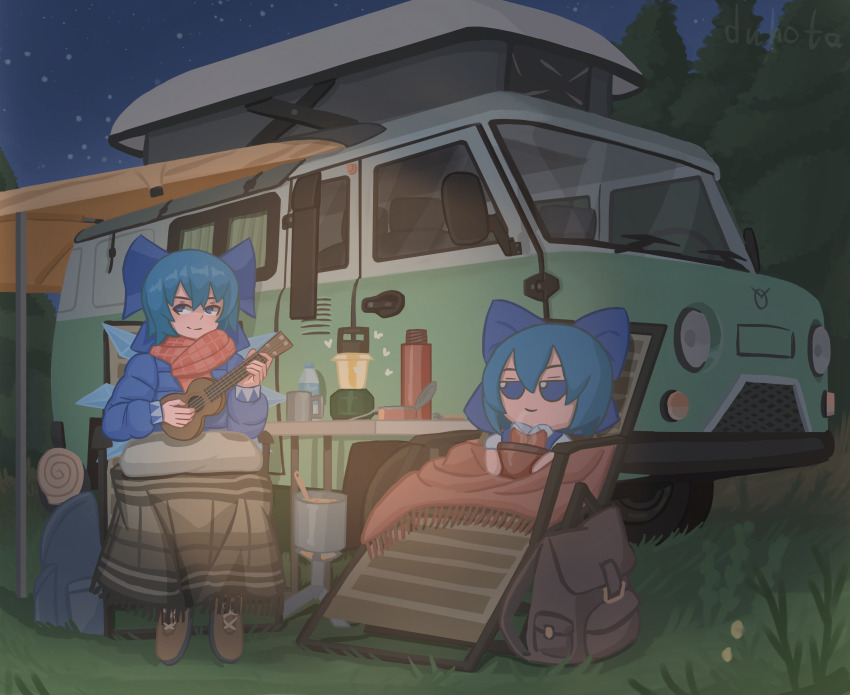 2girls artist_name backpack backpacking_stove bag blue_bow blue_dress blue_eyes blue_hair boots bottle bow camping character_doll cirno commission cup dress duhota fairy food fumo_(doll) grass hair_bow highres holding ice ice_wings instrument long_sleeves medium_hair motor_vehicle multiple_girls music night night_sky outdoors playing_instrument portable_stove recreational_vehicle scarf sitting skirt sky smile star_(sky) starry_sky table thermos touhou tree wings