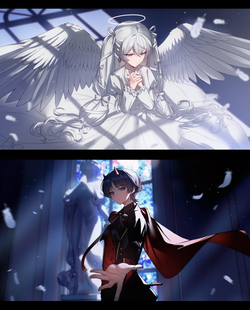 1boy 1girl alternate_costume angel_wings arm_up artist_request black_jacket black_ribbon black_suit blue_background blue_eyes blue_hair blurry blurry_background capelet closed_mouth collared_jacket commission couple dappled_sunlight demon_horns depth_of_field dress earrings eyeliner feathered_wings feathers floating formal_clothes frilled_dress frilled_sleeves frills from_above from_below from_side genshin_impact hair_between_eyes hair_ribbon halo hands_up highres horns indoors jacket jewelry long_dress long_hair long_sleeves looking_down makeup motion_blur multicolored_background neck_ribbon oc_x_canon on_ground original own_hands_together reaching reaching_towards_viewer red_capelet red_eyeliner red_eyes red_horns ribbon scaramouche_(genshin_impact) second-party_source shade shadow short_hair single_earring sitting small_horns standing statue suit suit_jacket sunlight twintails white_dress white_feathers white_hair white_ribbon window window_shadow wings