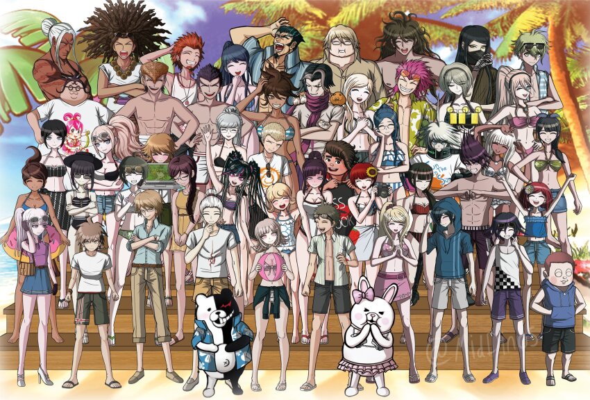 6+boys 6+girls :d a_beautiful_man_(middinos) absolutely_everyone ahoge akamatsu_kaede alter_ego_(danganronpa) alternate_costume alternate_hairstyle amami_rantaro animal antenna_hair asahina_aoi ball bead_necklace beads bikini black_hair black_mask blonde_hair blue_hair blunt_bangs breasts brown_hair brown_pants celestia_ludenberg chabashira_tenko cham-p cleavage collared_shirt danganronpa:_trigger_happy_havoc danganronpa_(series) danganronpa_2:_goodbye_despair danganronpa_v3:_killing_harmony dark-skinned_female dark_skin enoshima_junko everyone eyewear_on_head facial_hair fat fat_man flower fujisaki_chihiro fukawa_toko galaga glasses goatee gokuhara_gonta green_hair grey_hair grey_shirt grin hagakure_yasuhiro hair_bun hair_flower hair_ornament hair_scrunchie hamster hamster_on_shoulder hanamura_teruteru harukawa_maki highres hinata_hajime holding holding_ball hoshi_ryoma iruma_miu ishimaru_kiyotaka jewelry jum-p k1-b0 kirigiri_kyoko koizumi_mahiru komaeda_nagito kuwata_leon kuzuryu_fuyuhiko large_breasts long_hair maga-g maizono_sayaka medium_hair mioda_ibuki momota_kaito monokuma multicolored_hair multiple_boys multiple_girls muscular muscular_female naegi_komaru naegi_makoto nanami_chiaki necklace nidai_nekomaru ogami_sakura oma_kokichi open_mouth orange_hair owada_mondo owari_akane pants pekoyama_peko pink_hair ponytail red_bikini red_hair red_scrunchie saihara_shuichi saionji_hiyoko scrunchie shinguji_korekiyo shirogane_tsumugi shirt short_hair single_hair_bun smile soda_kazuichi sonia_nevermind striped_bikini striped_clothes sun-d sunflower sunglasses swimsuit tanaka_gundham tank_top teeth togami_byakuya tojo_kirumi tsumiki_mikan two-tone_hair usami_(danganronpa) white_bikini white_hair white_shirt yamada_hifumi yonaga_angie yumeno_himiko