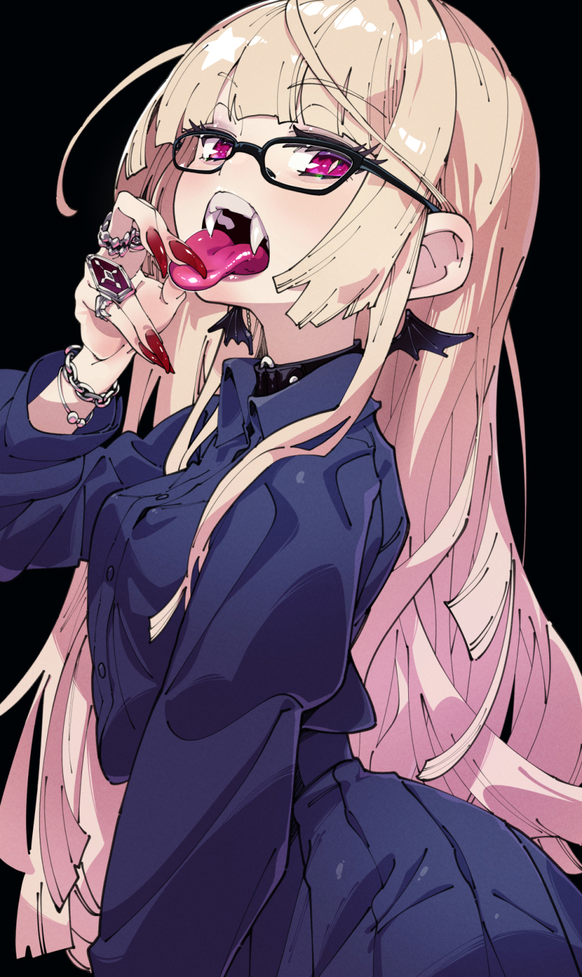 1girl black_background blonde_hair breasts chain chain_bracelet collared_shirt commission fangs fingernails glasses highres jewelry long_fingernails long_hair looking_at_viewer open_mouth original purple_eyes ring shirt skeb_commission skirt slit_pupils small_breasts solo teeth tongue tongue_hold tongue_out ushiki_yoshitaka very_long_hair