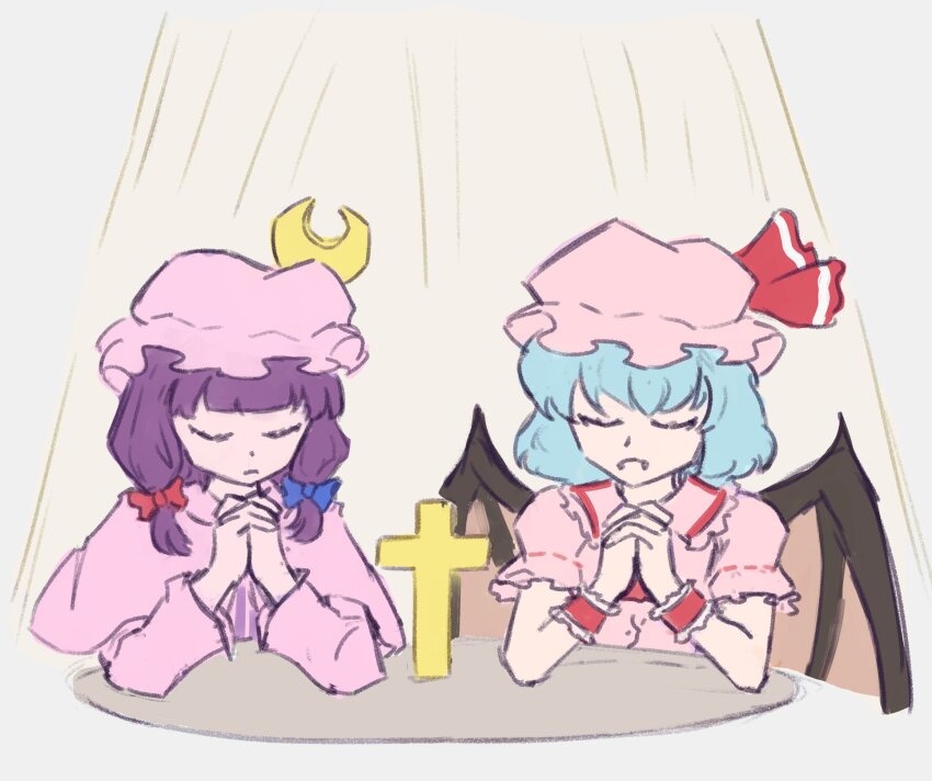 2girls ascot bat_wings blue_bow blue_hair bow capelet christianity closed_eyes closed_mouth collared_shirt commentary crescent crescent_hat_ornament cross english_commentary fangs frilled_shirt_collar frills hair_bow hat hat_ornament hat_ribbon highres iliekcatfood latin_cross mob_cap multiple_girls own_hands_clasped own_hands_together patchouli_knowledge pink_hat pink_shirt praying puffy_short_sleeves puffy_sleeves purple_hair red_ascot red_bow red_ribbon religion remilia_scarlet ribbon shirt short_hair short_sleeves touhou wings wrist_cuffs