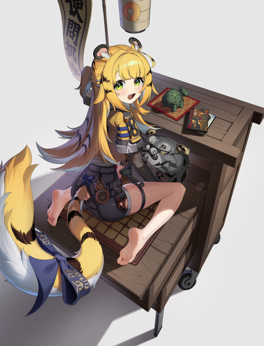 1girl absurdres animal_ear_fluff animal_ears barefoot black_shorts blonde_hair clothing_cutout cropped_jacket feet green_eyes hachirodesu highres jacket ju_fufu loli long_hair looking_at_viewer open_mouth short_shorts short_sleeves shorts sitting soles solo tail tail_through_clothes tiger_ears tiger_girl tiger_tail toes wariza yellow_jacket zenless_zone_zero
