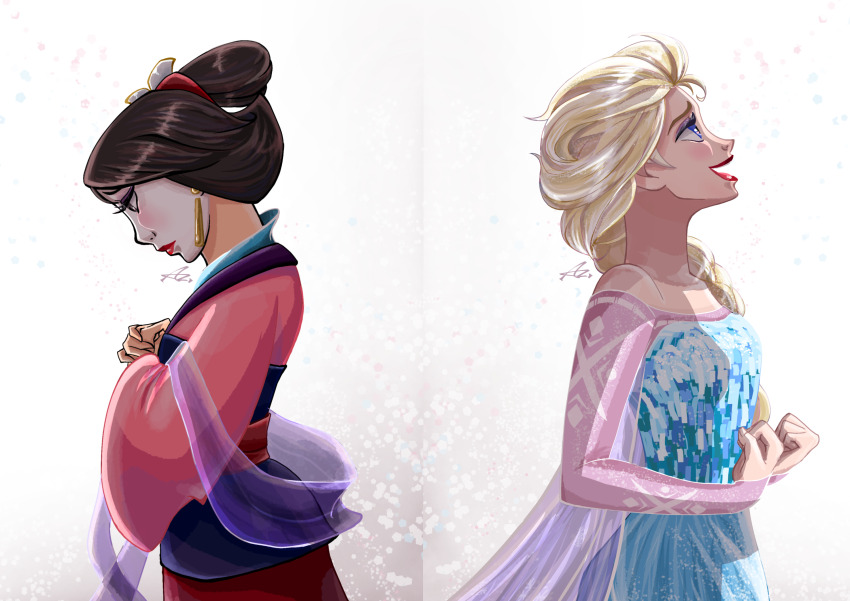 2girls azuma_lan black_hair blonde_hair blue_dress blue_eyes braid chinese_clothes clenched_hands company_connection disney disney_princess dress earrings elsa_(frozen) fa_mulan_(disney) facepaint frown frozen_(disney) hair_bun hair_ornament hanfu highres jewelry juxtaposition lipstick long_hair looking_down looking_up makeup mulan_(movie) multiple_girls own_hands_clasped own_hands_together pink_hanfu purple_shawl red_lips shawl single_braid smile waistband