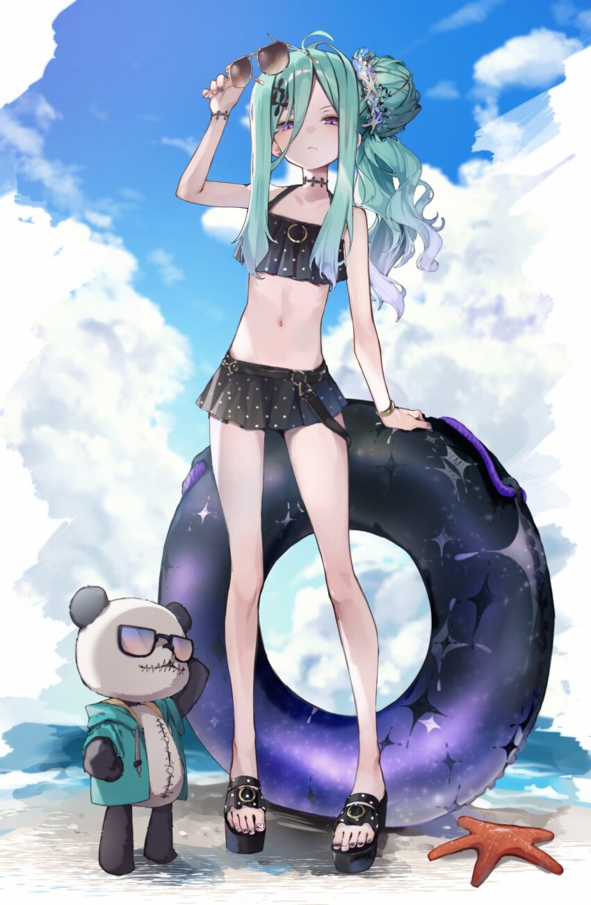 1girl beach bikini bikini_skirt black_bikini blue_sky cloud commentary_request cumulonimbus_cloud enomoto_nao expressionless flat_chest full_body green_hair hair_bun highres innertube long_hair looking_at_viewer navel original platform_sandals purple_eyes sky starfish stuffed_animal stuffed_toy sunglasses swim_ring swimsuit teddy_bear