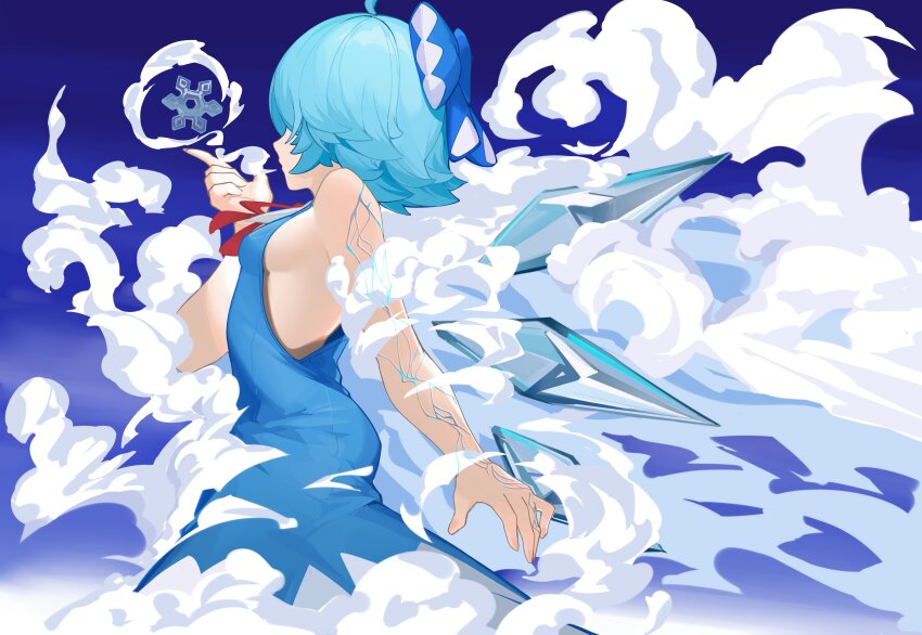 1girl absurdres blowing blue_background blue_bow blue_dress blue_hair bow breasts cirno cloud detached_wings devilkillerx dress fairy fairy_wings fog hair_bow highres ice ice_wings looking_at_object medium_breasts no_bra off-shoulder_dress off_shoulder open_hand red_ribbon ribbon shirt short_hair sleeveless sleeveless_dress snowflakes solo touhou touhou_lost_branch_of_legend veins veiny_arms wings