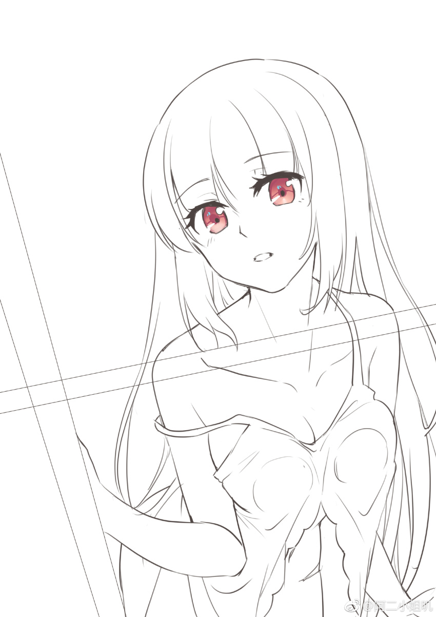 1girl absurdres aer_(tengqiu) against_glass alternate_costume alternate_hairstyle bare_shoulders blunt_bangs breasts cleavage collarbone essex_(warship_girls_r) highres lineart long_hair looking_at_viewer medium_breasts monochrome navel red_eyes solo spot_color strap_slip two_side_up warship_girls_r watermark weibo_watermark