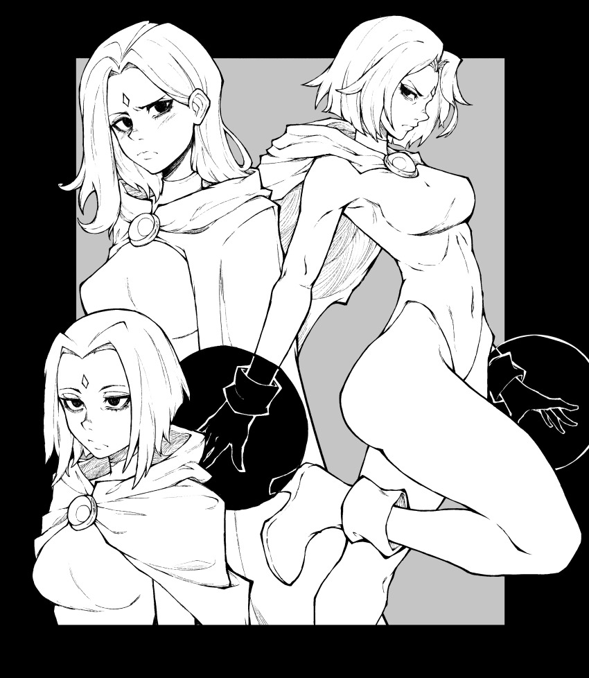 1girl absurdres animification bare_legs blush bodysuit boots border breasts cape closed_mouth dc_comics forehead_jewel gem gloves greyscale highleg highleg_leotard highres kekel leg_up leotard looking_at_viewer looking_to_the_side medium_breasts monochrome multiple_views outside_border raven_(dc) short_hair simple_background sleeved_leotard standing standing_on_one_leg teen_titans v-shaped_eyebrows