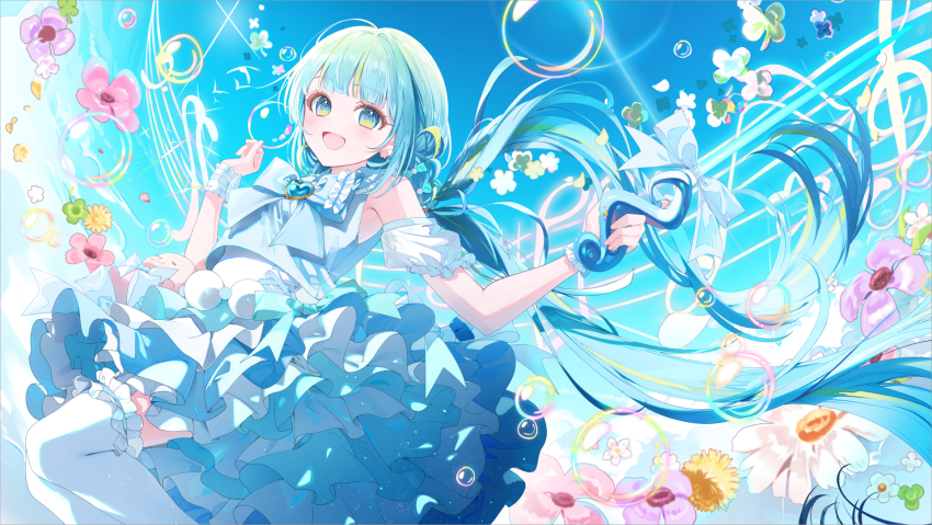 1girl :d a20_(atsumaru) arm_up blue_dress blue_eyes blue_hair blush bow bubble commentary_request day detached_sleeves dress earrings flower flower_earrings frilled_cuffs frilled_skirt frilled_sleeves frills green_flower green_hair highres holding_ornament jewelry layered_skirt long_hair multicolored_hair musical_note open_mouth original pink_flower ponytail ribbon short_sleeves sidelocks skirt smile solo streaked_hair thighhighs very_long_hair white_flower white_thighhighs yellow_flower
