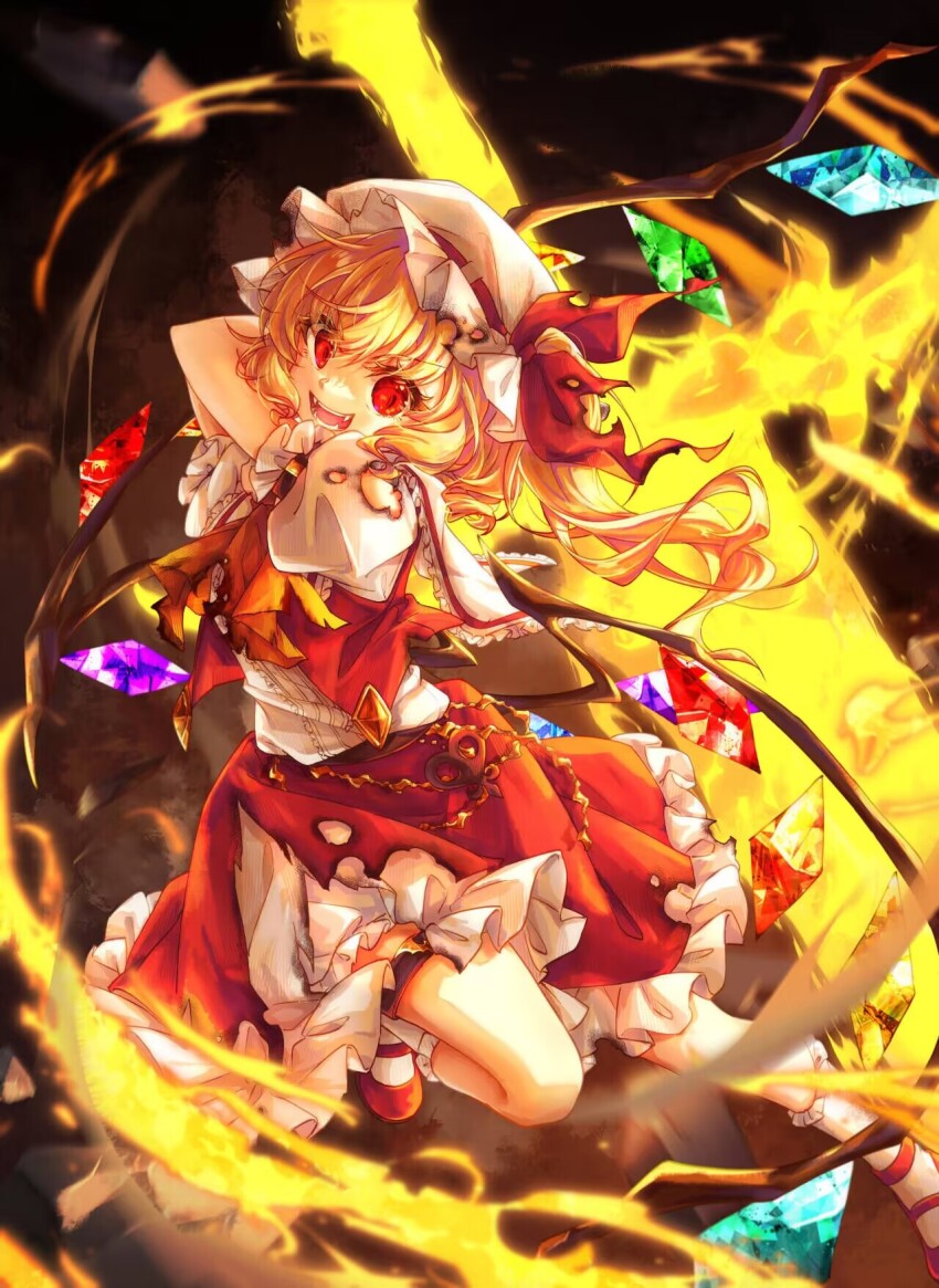 1girl ascot blonde_hair bloomers center_frills chinese_commentary commentary commentary_request fangs fire flaming_weapon flandre_scarlet frills hacko hat hat_ribbon highres laevatein_(touhou) long_hair looking_at_viewer mary_janes mob_cap open_mouth puffy_short_sleeves puffy_sleeves red_eyes red_ribbon red_shoes red_skirt red_vest ribbon shirt shoes short_sleeves skirt socks solo teeth torn_ascot torn_clothes torn_shirt torn_skirt torn_vest touhou underwear vest weapon white_bloomers white_hat white_shirt white_socks wings