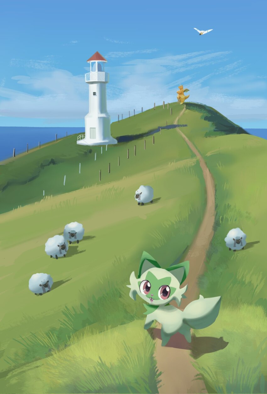 blue_sky brown_eyes cloud dragonite gen_1_pokemon gen_3_pokemon gen_8_pokemon grass green_fur highres lighthouse looking_at_viewer nintendo no_humans outdoors path pokemon pokemon_(creature) road sky spacecrow63 sprigatito two-tone_fur wingull wooloo