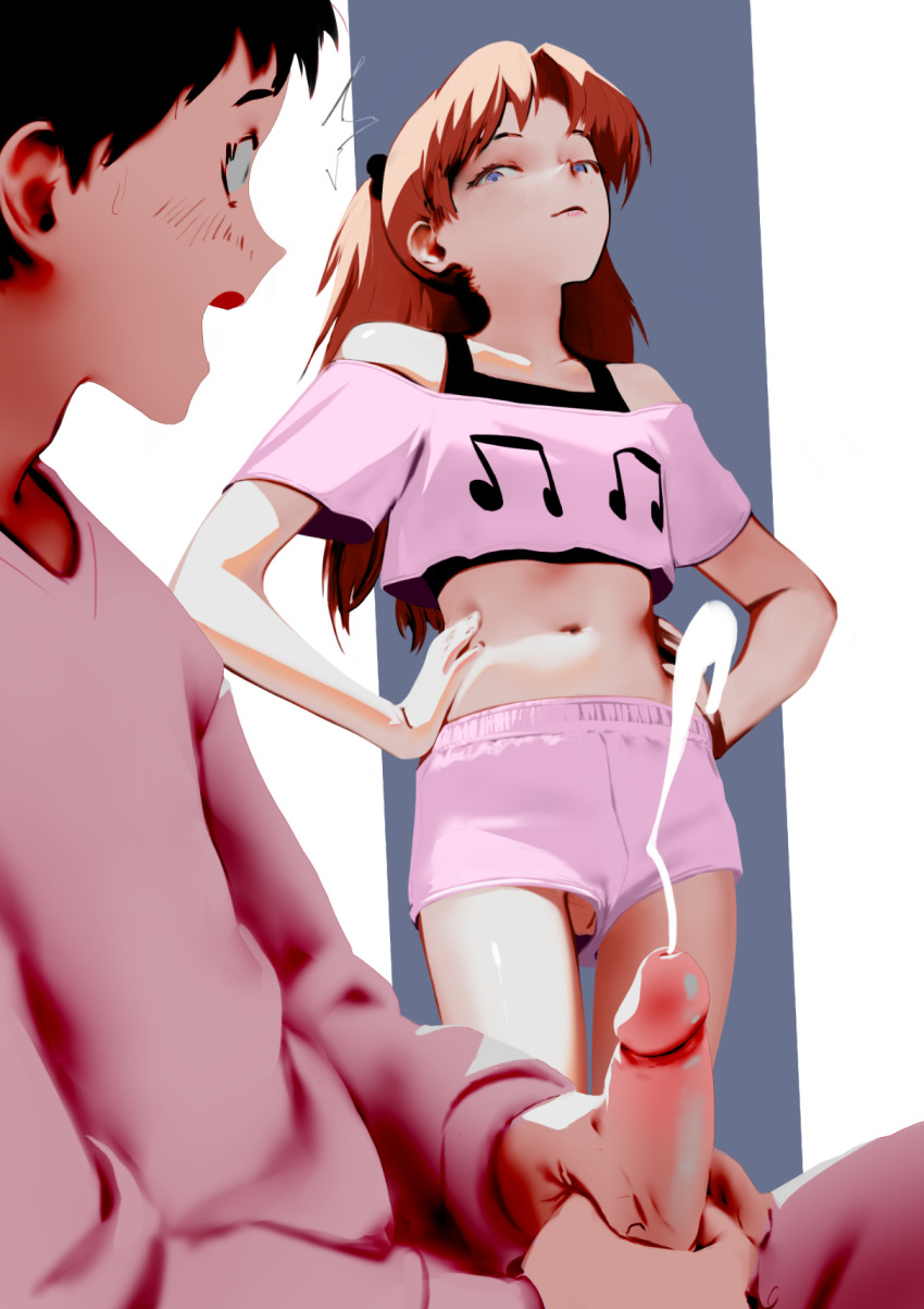 1boy 1girl blue_eyes cari_(scari) caught cum ejaculation erection hands_on_own_hips highres ikari_shinji male_masturbation masturbation midriff musical_note navel neon_genesis_evangelion no_panties parted_bangs penis projectile_cum pussy red_hair short_shorts shorts souryuu_asuka_langley surprised uncensored unfinished upshorts