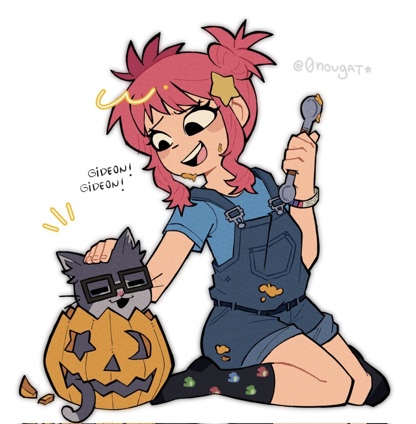 0nougat 1girl among_us blue_(among_us) blue_overalls cat corrupted_twitter_file cosplay cosplay_request crewmate_(among_us) double_bun gideon_(cat)_(scott_pilgrim) gideon_graves gideon_graves_(cosplay) glasses green_(among_us) hair_bun hair_ornament highres jack-o&#039;-lantern name_connection official_style overalls pink_hair ramona_flowers red_(among_us) scott_pilgrim_(series) scott_pilgrim_takes_off sidelocks simple_background sitting solo star_(symbol) star_hair_ornament wariza white_background