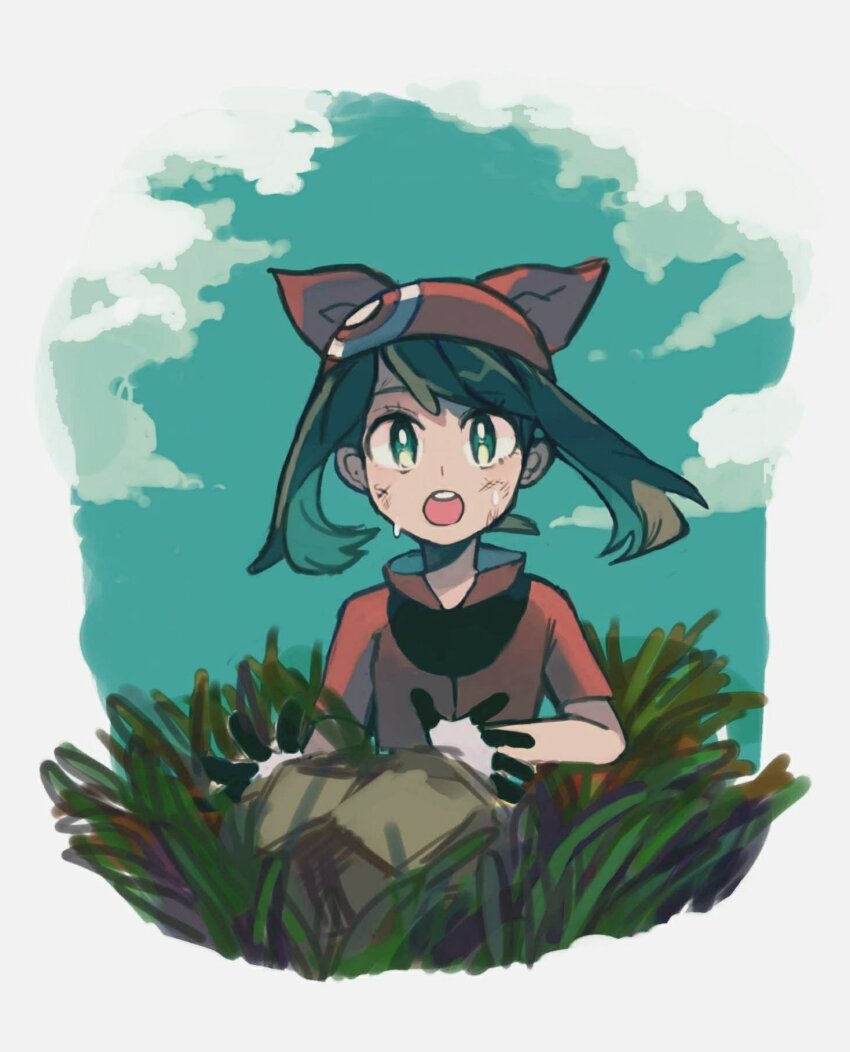 1girl :o aqua_eyes bandana blue_sky bright_pupils brown_hair cloud day gloves grass highres long_hair may_(pokemon) nintendo open_mouth outdoors pokemon pokemon_rse red_bandana red_shirt shichibee_(stm_mimi) shirt sky solo sweat teeth upper_teeth_only white_pupils
