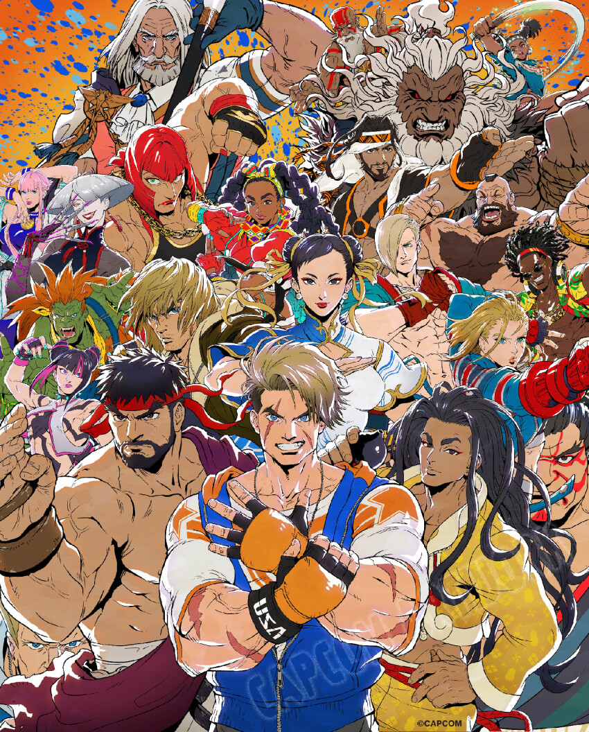6+boys 6+girls a.k.i._(street_fighter) akuma_(street_fighter) beard black_hair blanka blonde_hair cammy_white capcom chun-li copyright_name dark-skinned_female dark-skinned_male dark_skin dhalsim ed_(street_fighter) e._honda everyone facial_hair guile han_juri headband highres jamie_siu jp_(street_fighter) ken_masters kimberly_jackson lily_hawk looking_at_viewer luke_sullivan manon_legrand marisa_(street_fighter) multiple_boys multiple_girls muscular muscular_female muscular_male official_art pink_hair rashid_(street_fighter) red_hair red_headband ryu_(street_fighter) smile street_fighter street_fighter_6 topless_male zangief