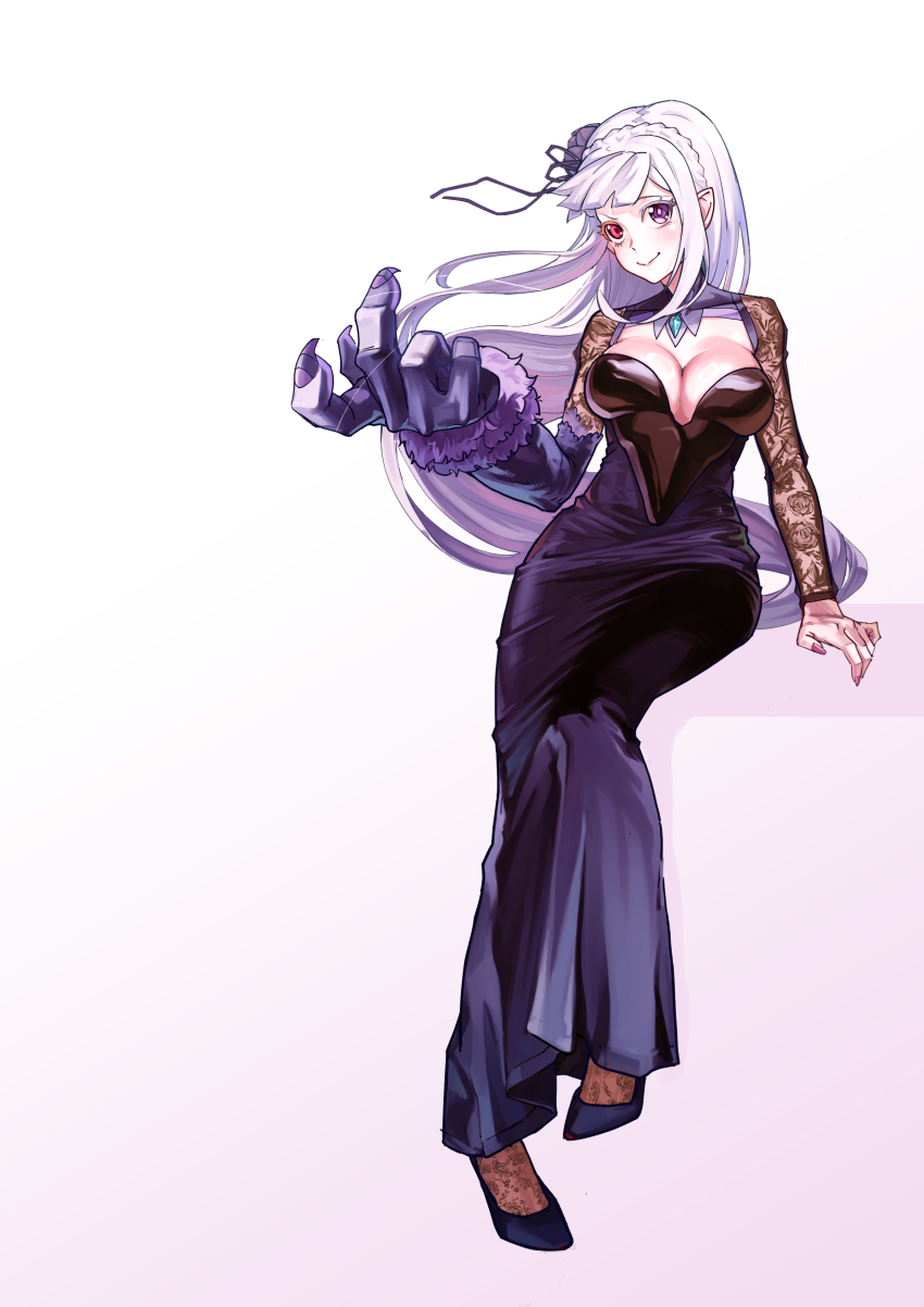 1girl absurdres braid breasts capella_emerada_lugnica center_opening claws cleavage dress elf emilia_(re:zero) flower hair_flower hair_ornament hair_ribbon highres large_breasts long_hair long_sleeves pointy_ears purple_dress purple_eyes purple_flower purple_ribbon re:zero_kara_hajimeru_isekai_seikatsu red_eyes ribbon shapeshifter shapeshifting sidelocks smile transformation