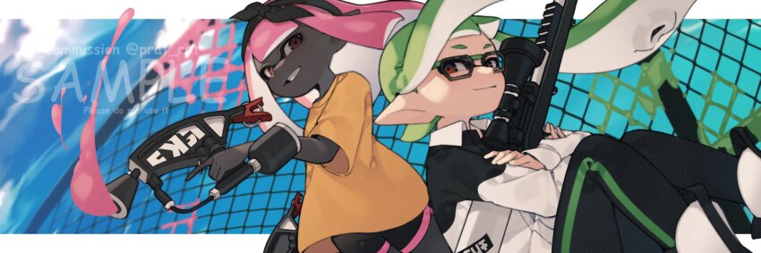 2girls bandana black-framed_eyewear black_bandana black_leggings black_shirt black_shorts closed_mouth collared_shirt commentary commission crossed_arms dark-skinned_female dark_skin dolphin_shorts dual_wielding english_commentary film_grain floating_hair glasses green_hair grin highres holding holding_weapon inkling inkling_girl inkling_player_character leggings letterboxed long_hair looking_at_viewer multiple_girls nintendo orange_shirt pink_hair pointy_ears prat_rat red_eyes sample_watermark scope shirt shorts smile splat_charger_(splatoon) splat_dualies_(splatoon) splatoon_(series) suction_cups tentacle_hair twintails two-tone_shirt very_dark_skin watermark weapon white_footwear white_shirt