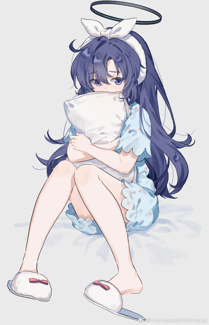 1girl animal_print bare_legs black_halo blue_archive blue_eyes blue_pajamas blue_shirt blue_shorts cat_print chinese_commentary commentary_request full_body hair_between_eyes hairband halo highres holding holding_pillow hugging_object knees_together_feet_apart knees_up legs long_hair looking_at_viewer migolu official_alternate_costume pajamas pillow pillow_hug purple_hair shirt shorts simple_background single_hair_intake sitting slippers solo watermark weibo_watermark white_background white_hairband white_slippers yuuka_(blue_archive) yuuka_(pajamas)_(blue_archive)