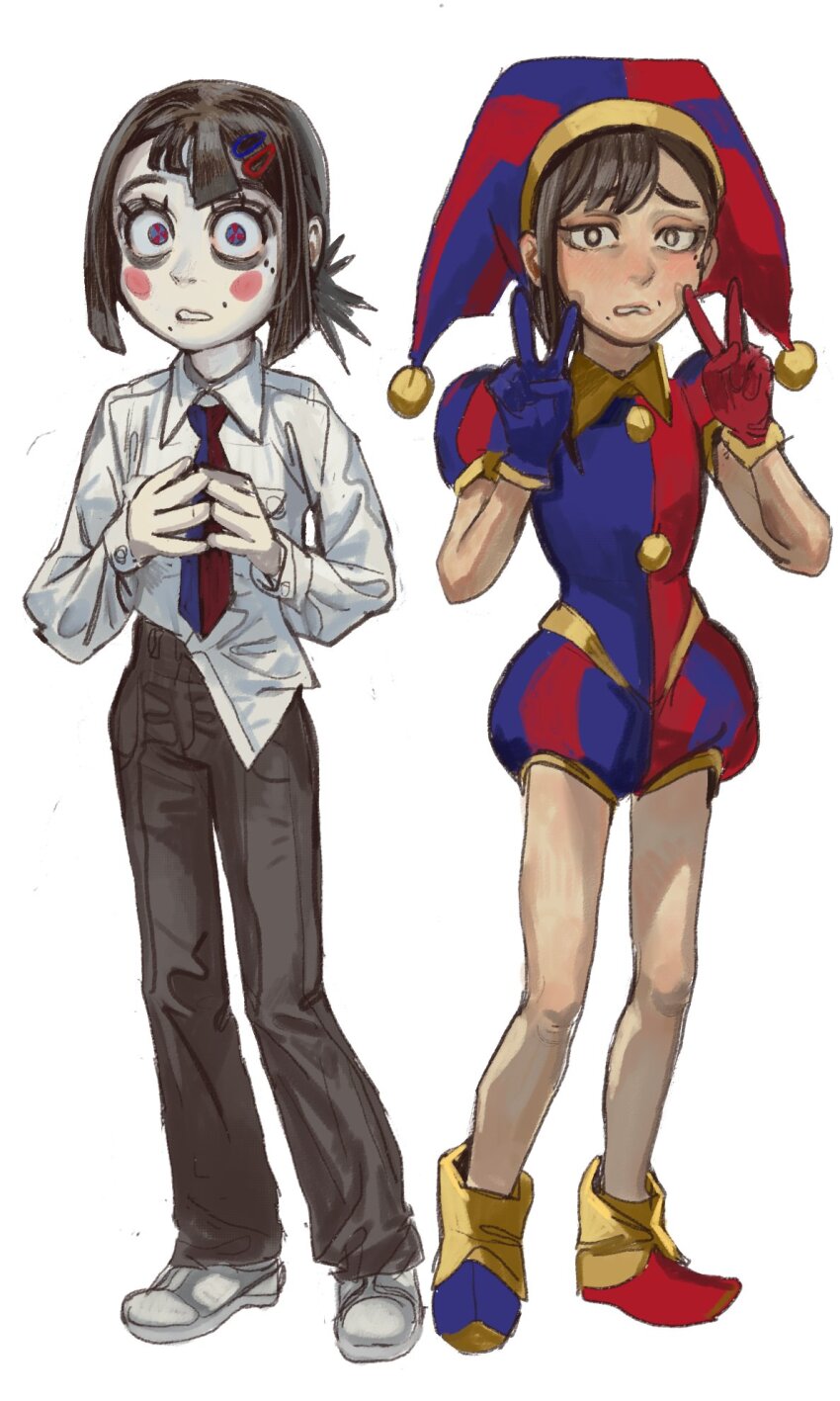 2girls asymmetrical_bangs bare_legs black_hair black_pants blush bob_cut chainsaw_man collared_shirt cosplay costume_switch crossover full_body hair_ornament hairpin hat higashiyama_kobeni higashiyama_kobeni_(cosplay) highres jester jester_cap medium_hair mossacannibalis multiple_girls multiple_hairpins necktie pants pomni_(the_amazing_digital_circus) pomni_(the_amazing_digital_circus)_(cosplay) scared shirt shirt_partially_tucked_in simple_background standing the_amazing_digital_circus two-tone_necktie v white_background white_shirt