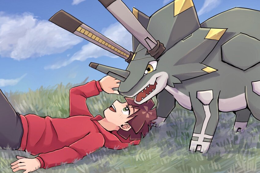 amanokawa_hiro brown_hair digimon green_eyes sharp_teeth short_hair teeth triceratops wezengammamon yellow_eyes