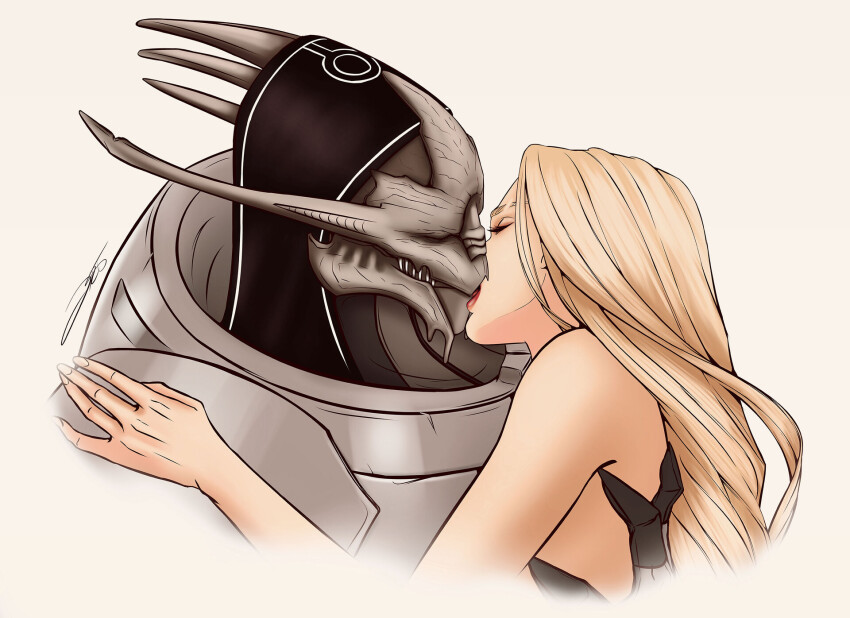 alien blonde_hair commander_shepard commander_shepard_(female) couple hand_on_another&#039;s_back hand_on_another&#039;s_shoulder highres kiss lrtrevelyan mass_effect_(series) saren_arterius turian
