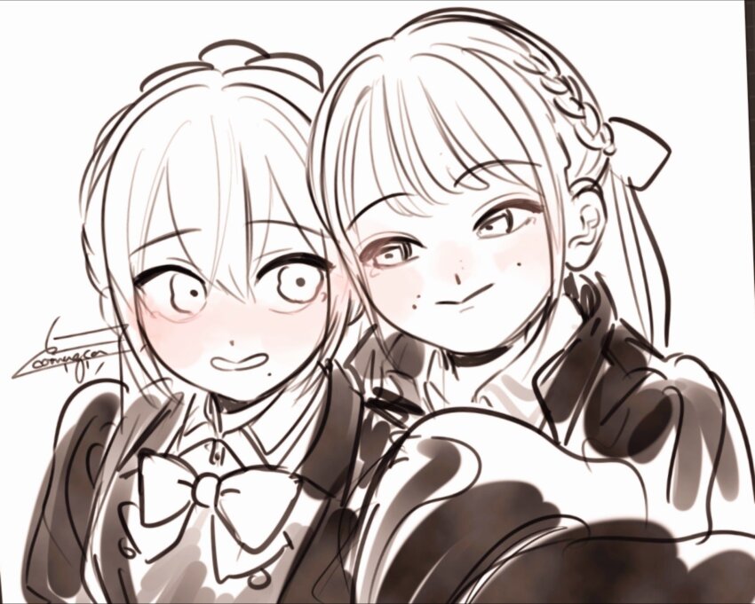 2girls actor actor_connection arm_at_side artist_name assault_lily blush bow bowtie braid closed_mouth commentary_request cosplay fukuyama_jeanne_sachie fukuyama_jeanne_sachie_(cosplay) greyscale hair_between_eyes hair_bow half_up_braid hand_up heads_together highres komuzuka long_hair long_sleeves looking_at_another looking_to_the_side ludvico_private_girls&#039;_academy_school_uniform mole mole_above_mouth mole_under_mouth monochrome multiple_girls nakamura_yukari_(voice_actor) nose_blush outstretched_arm parted_lips portrait reaching reaching_towards_viewer real_life school_uniform selfie sideways_glance signature simple_background sketch smile spot_color white_background