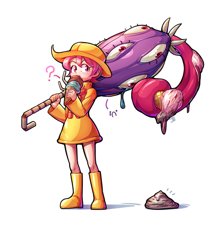 1girl ? boots dress eating eldritch_abomination extra_ears food full_body highres holding holding_food holding_ice_cream hungern_(skullgirls) ice_cream jedo_1126 pink_eyes pink_hair raincoat short_hair skullgirls solo umbrella_(skullgirls) white_background yellow_dress yellow_headwear yellow_raincoat