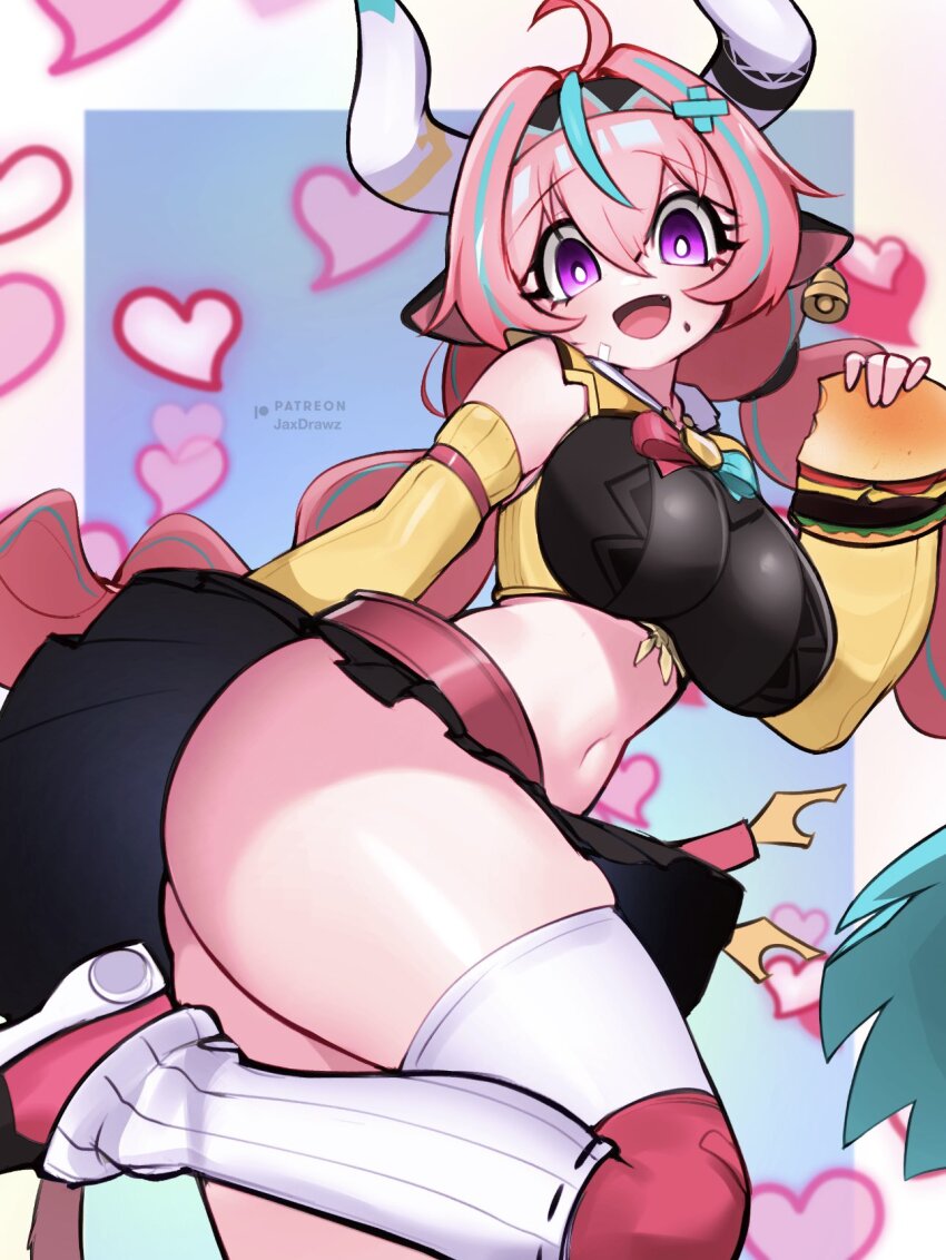 animal_ears aqua_hair artist_name ass ass_focus bell belt black_skirt blue_background bow bowtie braided_twintails breasts burger collared_shirt cow_ears cow_girl cow_horns cowbell crop_top detached_sleeves ear_piercing earrings eating food food_on_face genshin_impact heart highres holding holding_burger holding_food horns jaxdrawz jewelry large_breasts long_hair miniskirt multicolored_bow multicolored_bowtie multicolored_hair navel patreon_logo patreon_username piercing pink_hair purple_eyes shirt shoes simple_background single_earring single_thighhigh skirt sleeveless smile sneakers solo standing streaked_hair thighhighs thighs tongue varesa_(genshin_impact) very_long_hair white_background white_thighhighs