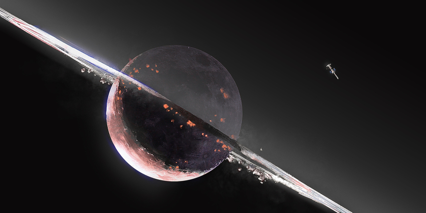 black_background highres lhlclllx97 no_humans original planet planetary_ring scenery science_fiction shadow solar_panel space space_station sunlight
