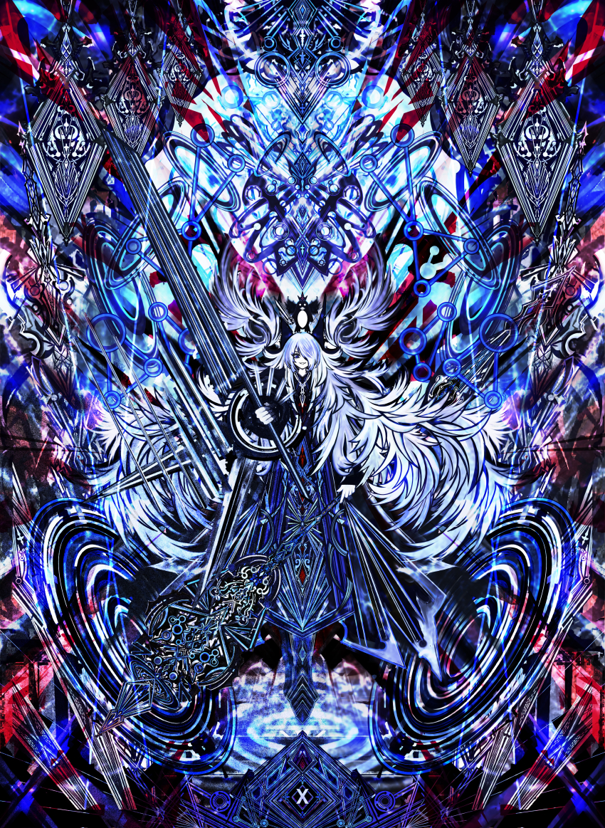 1girl absurdres floating hair_over_one_eye highres holding holding_weapon huge_weapon looking_at_viewer original riz_kira roman_numeral smile solo weapon
