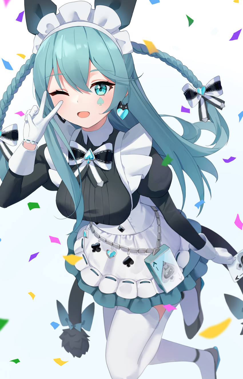 1girl ;d alternate_costume apron aqua_eyes aqua_hair black_dress black_shoes black_survival bow bowtie braid breasts confetti dress emma_hardy enmaided eternal_return:_black_survival frilled_dress frills gloves hair_bow hand_up highres juliet_sleeves long_hair long_sleeves looking_at_viewer maid maid_apron maid_headdress medium_breasts minn_(kangjm1107) one_eye_closed open_mouth puffy_sleeves shoes smile solo thighhighs twin_braids v white_gloves white_thighhighs