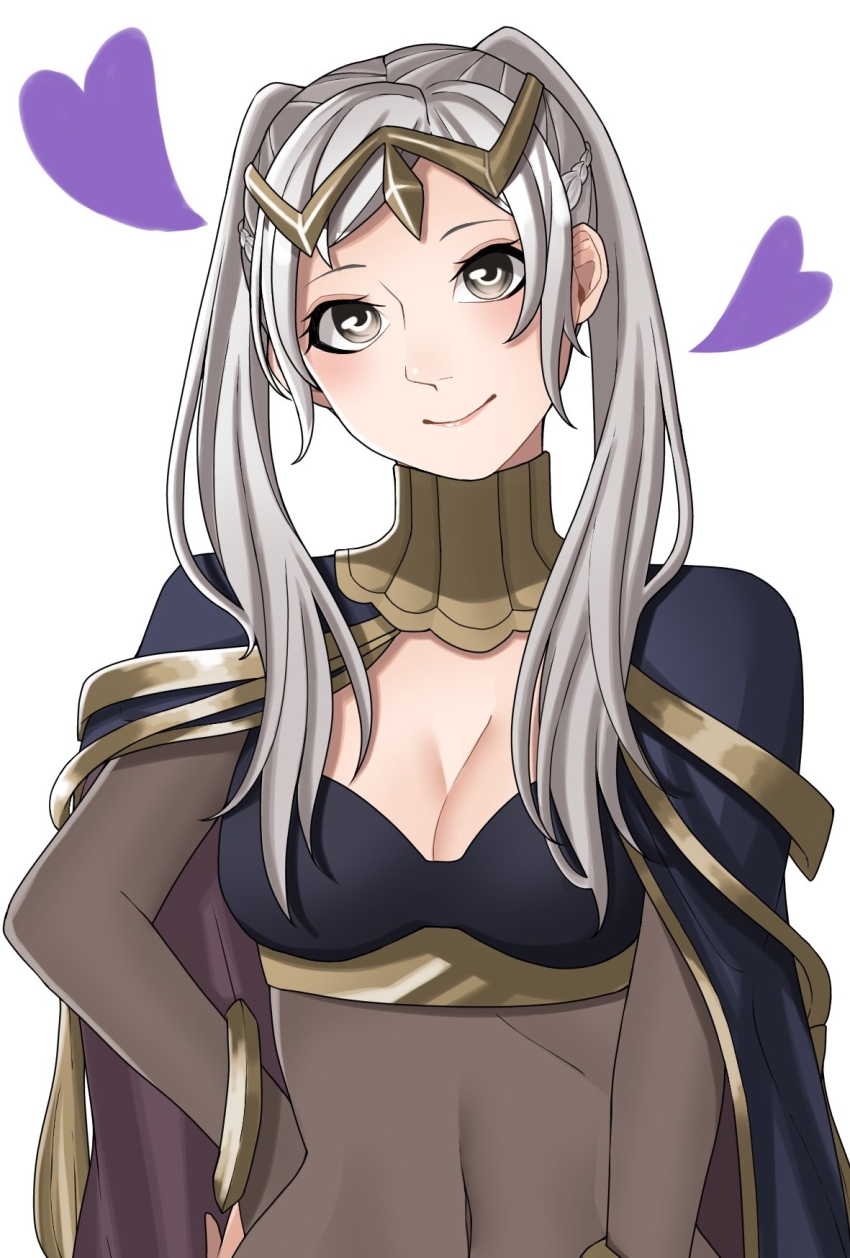 1girl ao_saryaruhu arm_at_side armlet black_bra bodysuit bra bracelet breasts brown_eyes cleavage clenched_hand cloak collar covered_navel eyelashes facing_viewer female_focus female_robin_(fire_emblem) fire_emblem fire_emblem_awakening hair_ornament hand_on_own_hip happy head_tilt heart highres jewelry long_hair looking_at_viewer lots_of_jewelry medium_breasts nintendo revealing_clothes see-through_bodysuit see-through_clothes sidelocks simple_background smile standing swept_bangs tharja_(fire_emblem)_(cosplay) tiara twintails underwear upper_body white_background white_hair