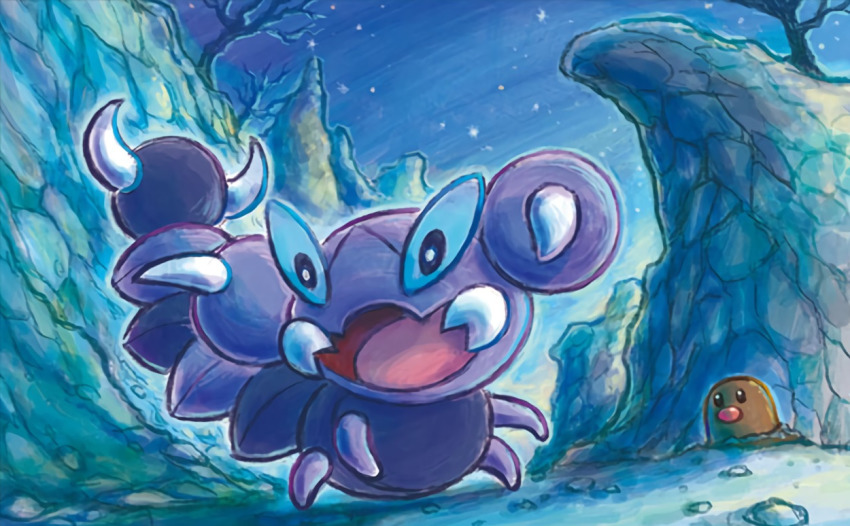 :d bare_tree black_eyes blue_eyes creature diglett full_body gen_1_pokemon gen_4_pokemon looking_at_another night night_sky nintendo no_humans official_art open_mouth outdoors pokemon pokemon_(creature) pokemon_tcg rock skorupi sky smile sowsow standing star_(sky) starry_sky third-party_source tree