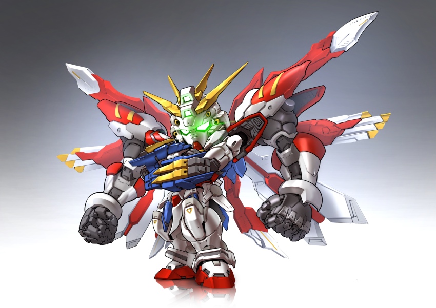 absurdres chibi extra_arms g_gundam glowing glowing_eyes god_gundam_ii gradient_background green_eyes grey_background gundam highres looking_at_viewer mecha mobile_suit no_humans redesign robot science_fiction sd_gundam solo standing v-fin white_background zakuma