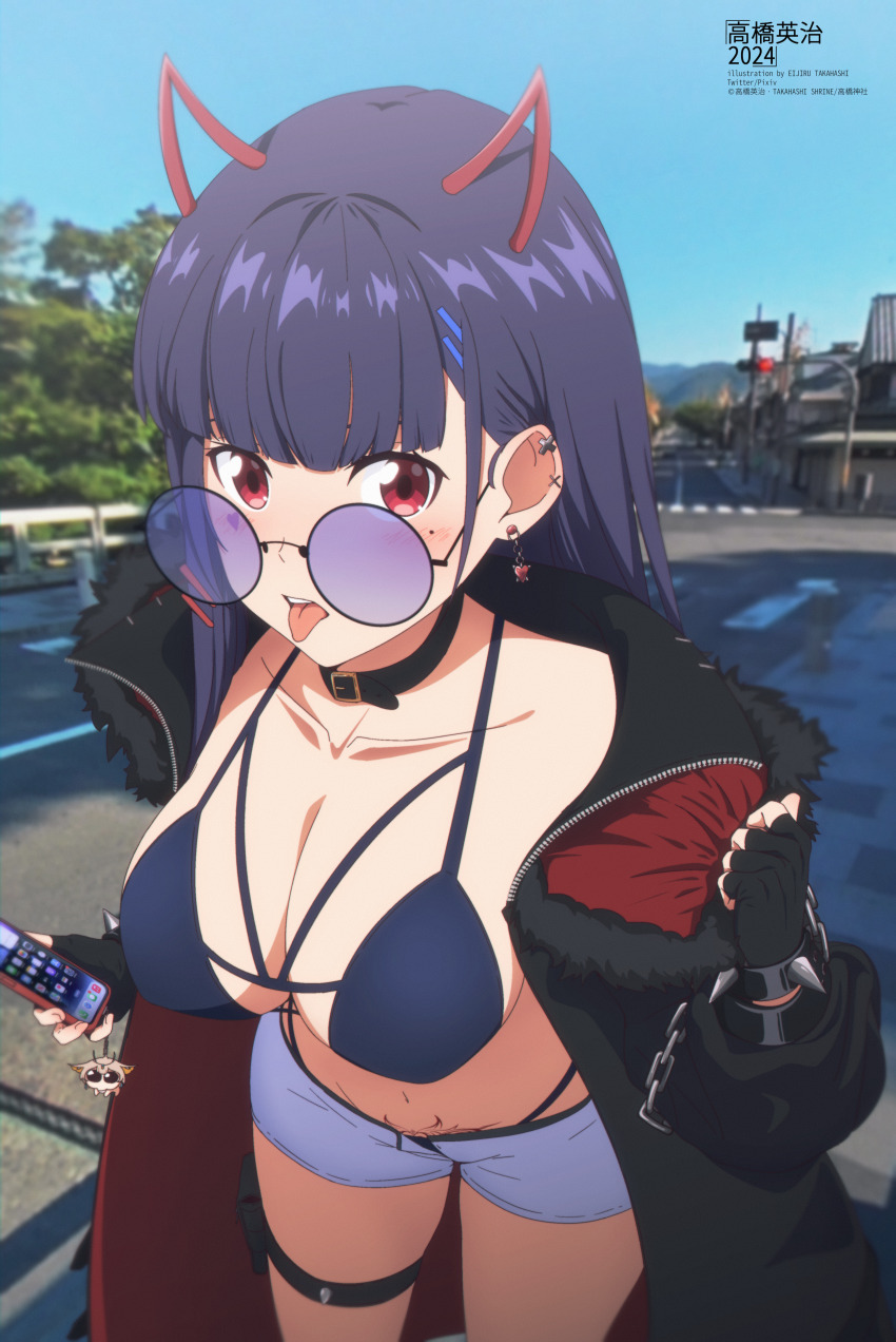 1girl absurdres akuma_nihmune akuma_nihmune_(demon_past) belt_collar bikini bikini_top_only black_gloves black_jacket blue_bikini blunt_bangs blush bracelet breasts cellphone cellphone_charm charm_(object) cleavage collar commentary day demon_horns earrings eijiru english_commentary fingerless_gloves fur-trimmed_jacket fur_trim gloves heart heart-shaped_pupils highres holding holding_phone horns indie_virtual_youtuber jacket jewelry large_breasts long_hair long_sleeves looking_at_viewer mole mole_under_eye navel official_alternate_costume open_clothes open_jacket open_mouth outdoors panty_straps phone pouch pubic_tattoo purple-tinted_eyewear purple_hair red_eyes road round_eyewear short_shorts shorts sky smartphone solo spiked_bracelet spikes street sunglasses swimsuit symbol-shaped_pupils tattoo thigh_pouch tinted_eyewear tongue tongue_out traffic_light virtual_youtuber white_shorts