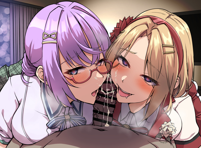 1boy 2girls 4tb_(4tera_byte) ahegao bar_censor blonde_hair blue_eyes blush breasts censored collared_shirt commentary_request commission cum cum_on_body drill_hair facial ffm_threesome furrowed_brow glasses green_skirt grin group_sex hair_intakes hair_ornament hairband hairclip heart heart-shaped_pupils heaven_burns_red hetero highres higuchi_seika indoors looking_at_viewer medium_breasts medium_hair minase_ichigo multiple_girls navel open_mouth parted_bangs penis penis_on_face plaid_clothes plaid_skirt pleated_skirt pov pov_crotch purple_hair red-framed_eyewear red_hairband semi-rimless_eyewear shirt short_sleeves skeb_commission skirt smile symbol-shaped_pupils threesome twin_drills variant_set white_shirt