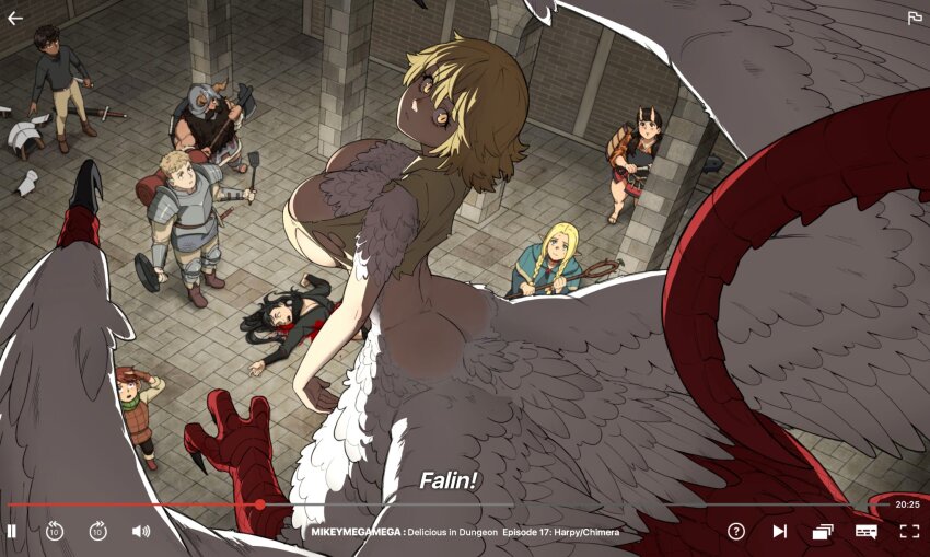 4boys 4girls armor artist_name ass axe beard black_hair blonde_hair braid breasts brown_shoes butt_crack character_name chilchuck_tims club_(weapon) commentary dagger dark-skinned_male dark_skin dragon_girl dungeon_meshi english_commentary english_text facial_hair fake_video falin_touden falin_touden_(chimera) feathered_wings feathers from_behind green_eyes green_scarf helmet hien highres holding holding_axe holding_club holding_dagger holding_knife holding_pan holding_spatula holding_staff holding_weapon horns huge_breasts indoors inutade kabru knife laios_touden long_sleeves looking_at_viewer looking_up marcille_donato mikeymegamega multiple_boys multiple_girls pants scales scarf senshi_(dungeon_meshi) shirt shoes short_hair slit_pupils spatula staff sweat sword tail taur torn_clothes torn_shirt twin_braids unworn_armor weapon wings yellow_eyes