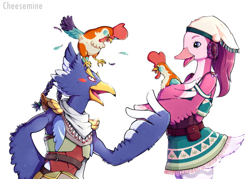 1boy 1girl absurdres animal animal_on_head arm_behind_back armor artist_name bandana bare_shoulders beak belt belt_pouch bird bird_boy bird_girl bird_tail black_eyes blue_eyes blue_fur blue_hair blue_wings blush_stickers body_fur braid breastplate cheesemine chicken collarbone colored_sclera constricted_pupils cowboy_shot cucco earrings feathered_wings feathers from_side furry furry_female furry_male furry_with_furry green_eyes green_shirt green_skirt hair_ribbon hair_tie hand_up hands_up happy headscarf hetero highres holding holding_animal holding_hands jewelry looking_at_another looking_up medium_hair miniskirt nervous nintendo on_head open_mouth original pink_fur pink_wings pouch profile revali ribbon rito shirt shoulder_pads simple_background skirt sleeveless sleeveless_shirt smile standing strap_slip tail the_legend_of_zelda the_legend_of_zelda:_breath_of_the_wild tongue two-tone_fur upper_body watermark white_background white_bandana white_fur white_headscarf white_headwear winged_arms wings yellow_sclera